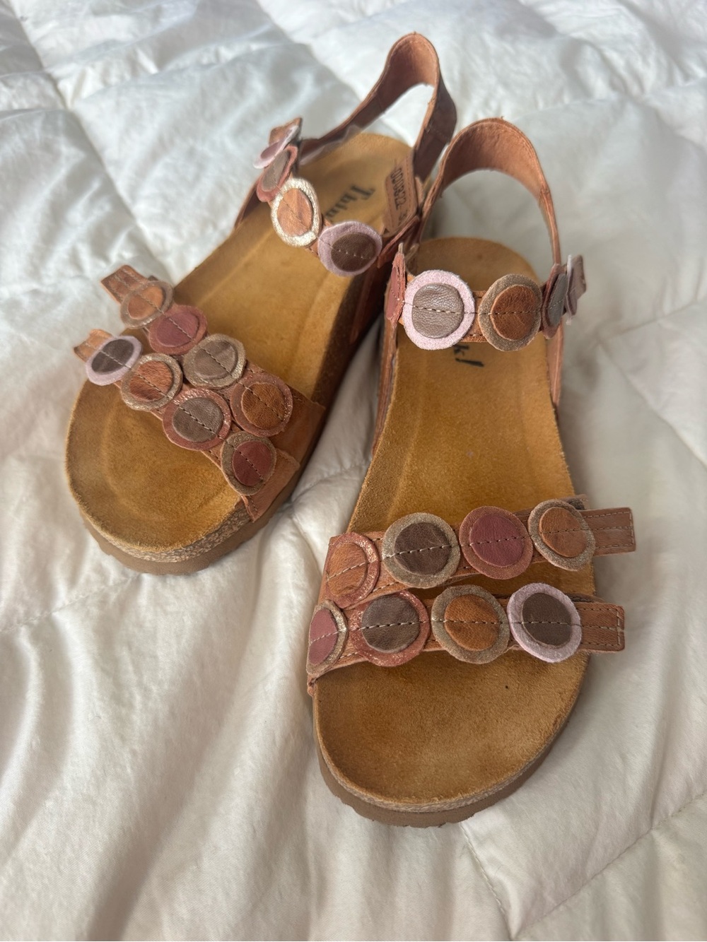 Think! Leather Comfort Sandals Floral Appliqué US 7 EU 40 Pink Brown